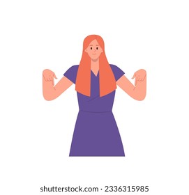 Young woman cartoon character pointing upside down with two forefinger standing isolated on white