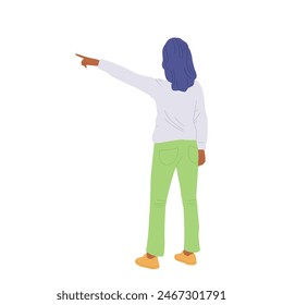 Young woman cartoon character pointing aside with forefinger standing isolated on white background