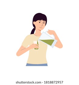 Young woman cartoon character preparing and drinking smoothie, flat vector illustration isolated on white background. Detox nutrition and healthy dieting concept.