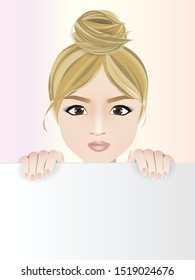 Young woman cartoon character, pretty blonde girl with bun hair holding white paper sheet on sweet background. Vector illustration.