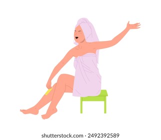 Young woman cartoon character removing hair from leg using wax strip isolated on white background