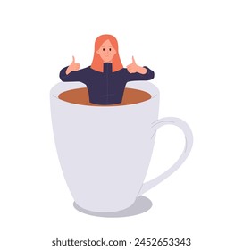 Young woman cartoon character standing in giant coffee cup gesturing thumbsup isolated on white