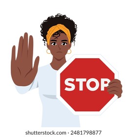 Young woman cartoon character standing with red sign stop in hands and showing her palm with refusing Flat vector illustration isolated on white background