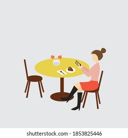 Young woman cartoon character take a photo of her chocolate cake at the cafe.