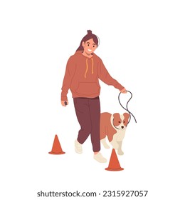 Young woman cartoon character training dog, pet obedience education vector scene illustration