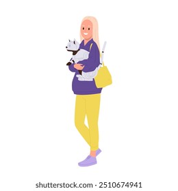 Young woman cartoon character walking carrying robotic cat on hands isolated on white background