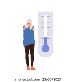 Young woman cartoon character wearing warm clothing freezing feeling cold nearby thermometer