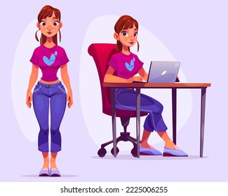 Junge Frau Cartoon Front-View Stand und sitzen am Schreibtisch mit Laptop. Girl-TraJeans und T-Shirt-Freielancer, Büroangestellte oder Studentin, weibliche Figur mit braunem Haar und braunen Augen, Vektorgrafik