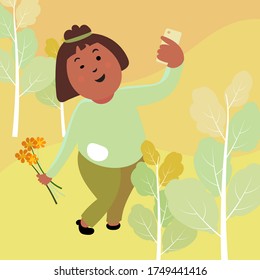 Young woman cartoon selfie in the garden vector wallpaper background