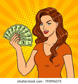 Young woman with cash dollars pop art retro vector illustration. Color background. Comic book style imitation.