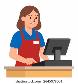 Young woman cashier, in front of cashier machine flat vector illustration.