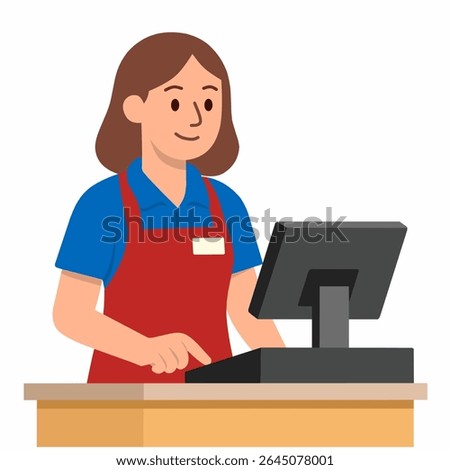 Young woman cashier, in front of cashier machine flat vector illustration.