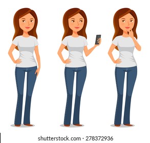 young woman in casual clothes. Beautiful girl in jeans, standing, holding a cell phone or thinking. Cartoon character. Isolated on white. Vector eps file.