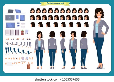 Young woman, casual clothes. Character creation set. Full length, different views, emotions, gestures, isolated against white background. Build your own design. Cartoon flat-style vector illustration