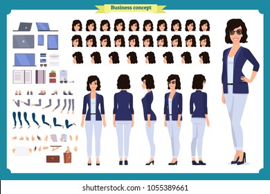 Young woman, casual clothes. Character creation set. Full length, different views, emotions, gestures, isolated against white background. Build your own design. Cartoon flat-style vector illustration