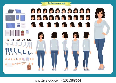 Young woman, casual clothes. Character creation set. Full length, different views, emotions, gestures, isolated against white background. Build your own design. Cartoon flat-style vector illustration