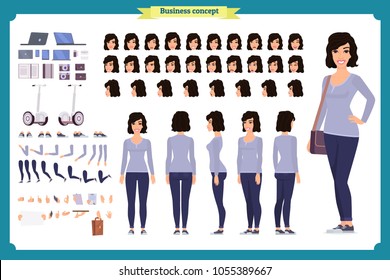Young woman, casual clothes. Character creation set. Full length, different views, emotions, gestures, isolated against white background. Build your own design. Cartoon flat-style vector illustration