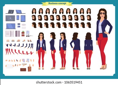 Young woman, casual clothes. Character creation set. Full length, different views, emotions, gestures, isolated against white background. Build your own design. Cartoon flat-style vector illustration