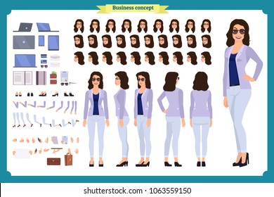 Young woman, casual clothes. Character creation set. Full length, different views, emotions, gestures, isolated against white background. Build your own design. Cartoon flat-style vector illustration