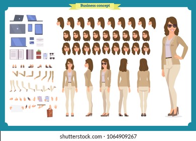 Young woman, casual clothes. Character creation set. Full length, different views, emotions, gestures, isolated against white background. Build your own design. Cartoon flat-style vector illustration