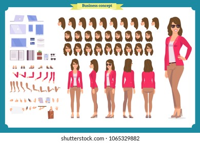 Young woman, casual clothes. Character creation set. Full length, different views, emotions, gestures, isolated against white background. Build your own design. Cartoon flat-style vector illustration