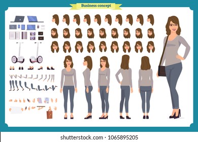 Young woman, casual clothes. Character creation set. Full length, different views, emotions, gestures, isolated against white background. Build your own design. Cartoon flat-style vector illustration