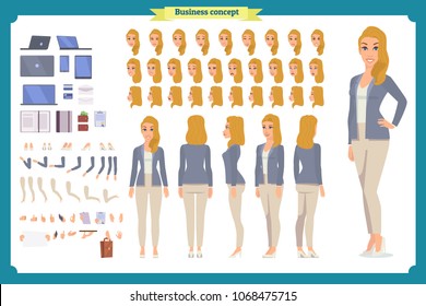 Young woman, casual clothes. Character creation set. Full length, different views, emotions, gestures, isolated against white background. Build your own design. Cartoon flat-style vector illustration