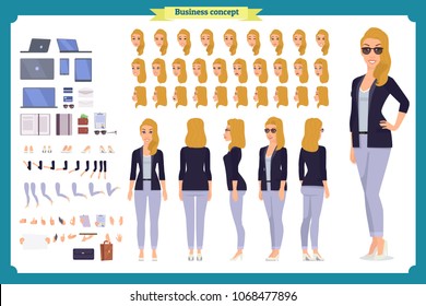Young woman, casual clothes. Character creation set. Full length, different views, emotions, gestures, isolated against white background. Build your own design. Cartoon flat-style vector illustration