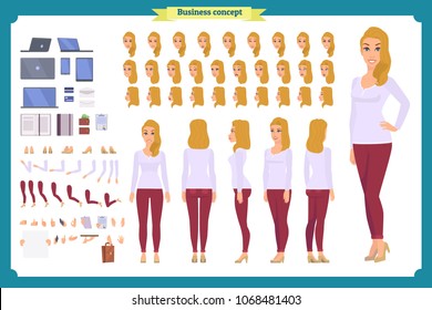 Young woman, casual clothes. Character creation set. Full length, different views, emotions, gestures, isolated against white background. Build your own design. Cartoon flat-style vector illustration