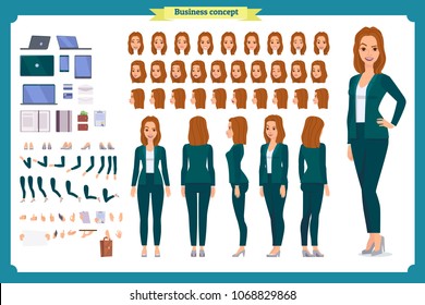 Young woman, casual clothes. Character creation set. Full length, different views, emotions, gestures, isolated against white background. Build your own design. Cartoon flat-style vector illustration