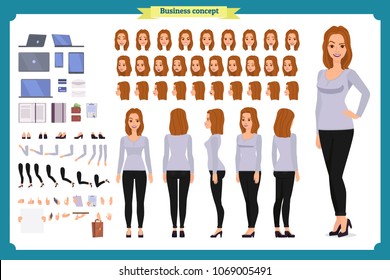 Young woman, casual clothes. Character creation set. Full length, different views, emotions, gestures, isolated against white background. Build your own design. Cartoon flat-style vector illustration