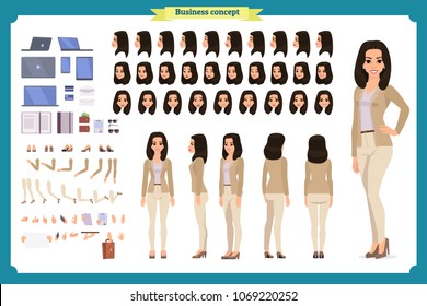 Young woman, casual clothes. Character creation set. Full length, different views, emotions, gestures, isolated against white background. Build your own design. Cartoon flat-style vector illustration