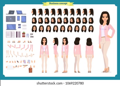 Young woman, casual clothes. Character creation set. Full length, different views, emotions, gestures, isolated against white background. Build your own design. Cartoon flat-style vector illustration