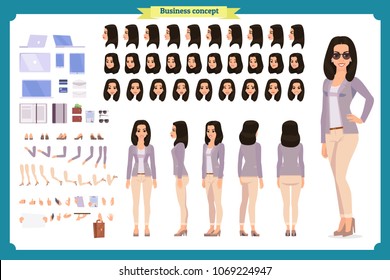 Young woman, casual clothes. Character creation set. Full length, different views, emotions, gestures, isolated against white background. Build your own design. Cartoon flat-style vector illustration