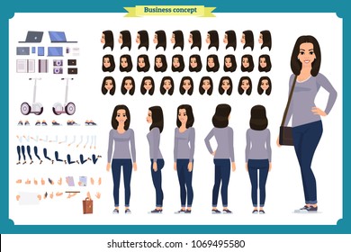 Young woman, casual clothes. Character creation set. Full length, different views, emotions, gestures, isolated against white background. Build your own design. Cartoon flat-style vector illustration