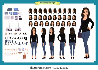 Young woman, casual clothes. Character creation set. Full length, different views, emotions, gestures, isolated against white background. Build your own design. Cartoon flat-style vector illustration