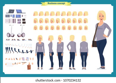 Young woman, casual clothes. Character creation set. Full length, different views, emotions, gestures, isolated against white background. Build your own design. Cartoon flat-style vector illustration
