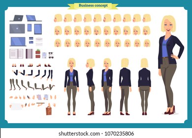 Young woman, casual clothes. Character creation set. Full length, different views, emotions, gestures, isolated against white background. Build your own design. Cartoon flat-style vector illustration