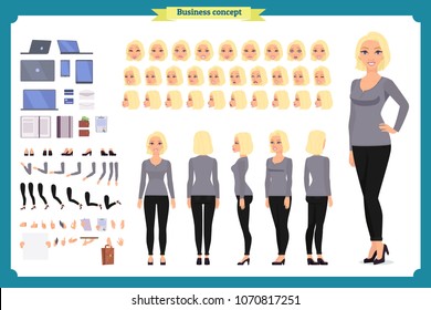 Young woman, casual clothes. Character creation set. Full length, different views, emotions, gestures, isolated against white background. Build your own design. Cartoon flat-style vector illustration