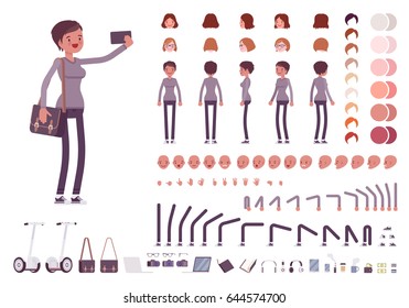 Young Woman, Casual Clothes. Character Creation Set. Full Length, Different Views, Emotions, Gestures, Isolated Against White Background. Build Your Own Design. Cartoon Flat-style Vector Illustration