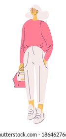 Young woman in casual clothes drawn in pink and white and outline style. Vector teen character isolated on white