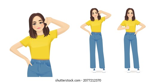 Young woman in casual clothes gesturing thumb up and thumb down. Negative emotions isolated vector illustration