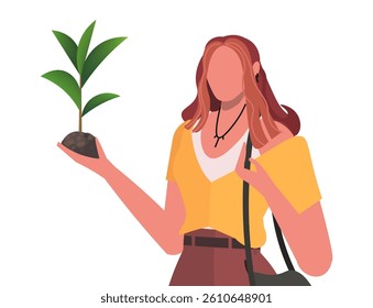 A young woman in casual clothes holding a plant in her hand. Supporting nature and caring for the environment. Vector illustration Not AI generated