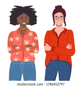 Young woman in casual clothes isolated on white background. Friends two girls of different nationalities. Smiling african american and caucasian female character standing straight. Colleagues portrait