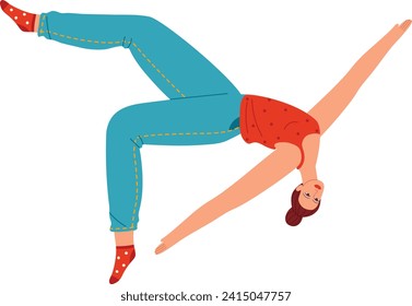 Joven con ropa informal practicando el breakdance. Arriba roja, vaqueros azules, danza energética, movimiento de ilustración vectorial. Rendimiento de danza alegre, ilustración vectorial de la cultura del hip hop.