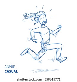 Young woman in casual clothes running for her life. Hand drawn line art cartoon vector illustration.