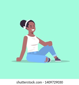 young woman in casual clothes sitting pose smiling african american female cartoon character attractive girl posing flat full length