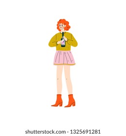 Young Woman in Casual Clothes Standing with Bottle of Alcohol Drink Vector Illustration