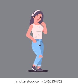 young woman in casual clothes standing pose smiling female cartoon character girl posing on gray background flat full length