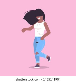 young woman in casual clothes standing pose smiling african american female cartoon character attractive girl with long hairs lying on face posing flat full length